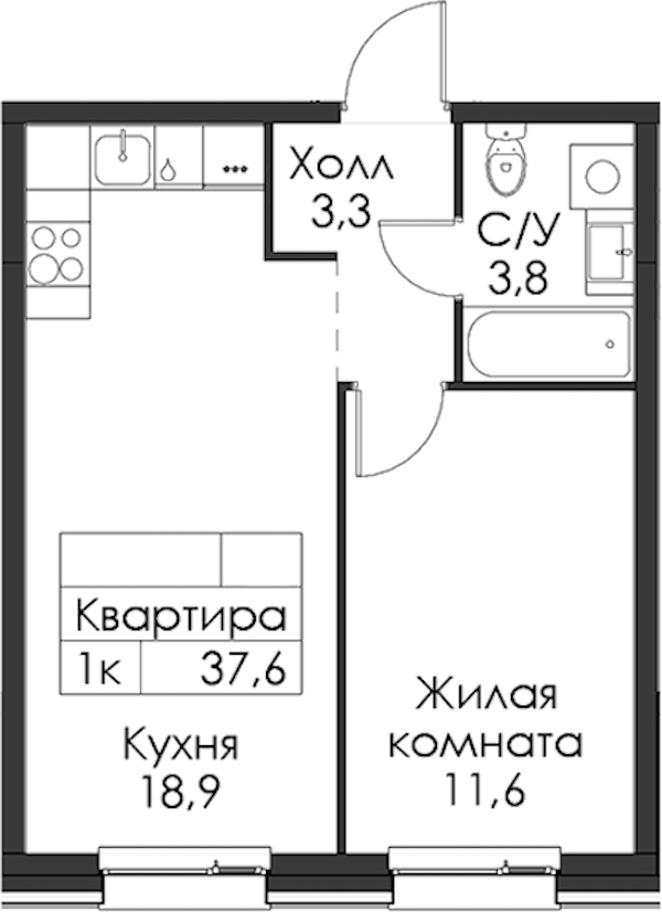 1-комнатная квартира 37.6 м², 3/8 эт., ЖК «Шкиперский 19»